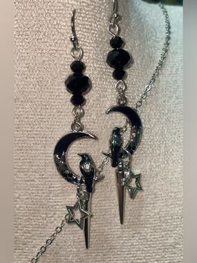 Hand Crafted Raven Crescent Moon Necklace and Earrings Set